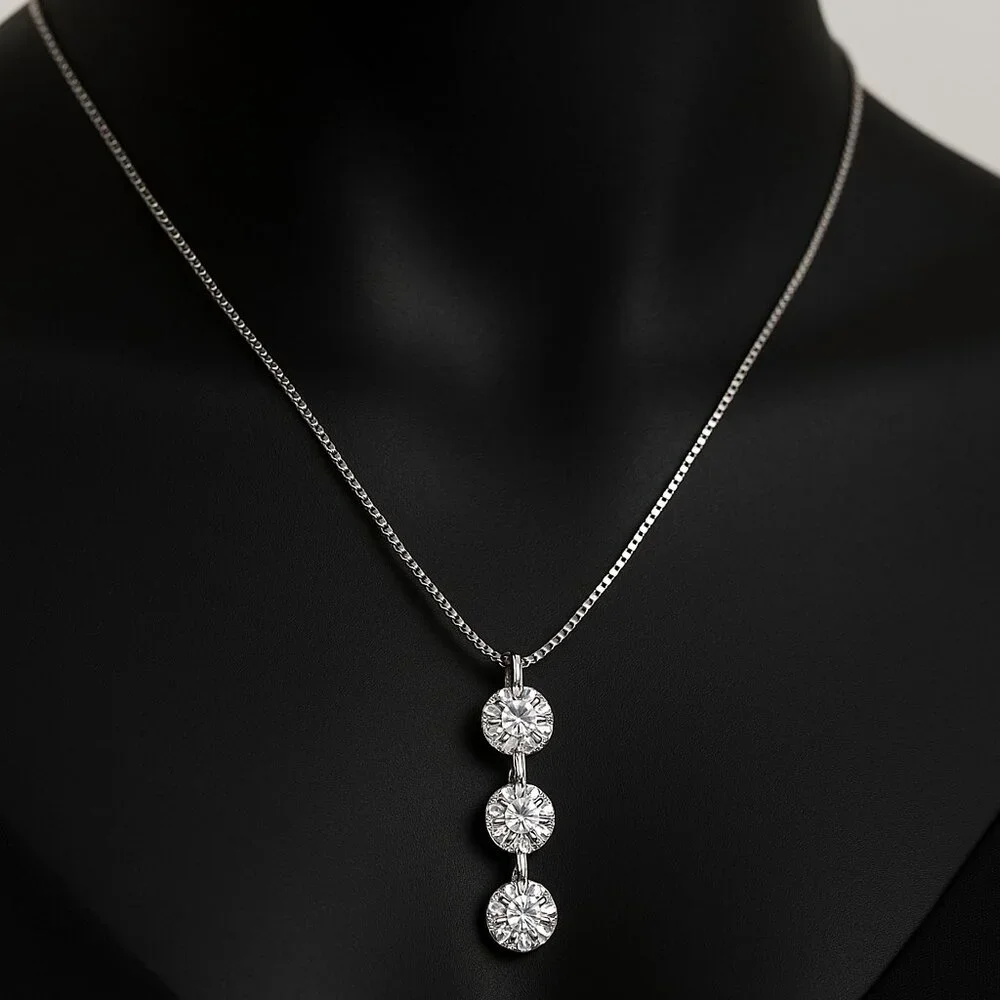 Necklace - Swarovski Crystal  - Triple Stones Drop Pendant, Rhodium Overlay, 18" - Picture 3 of 13